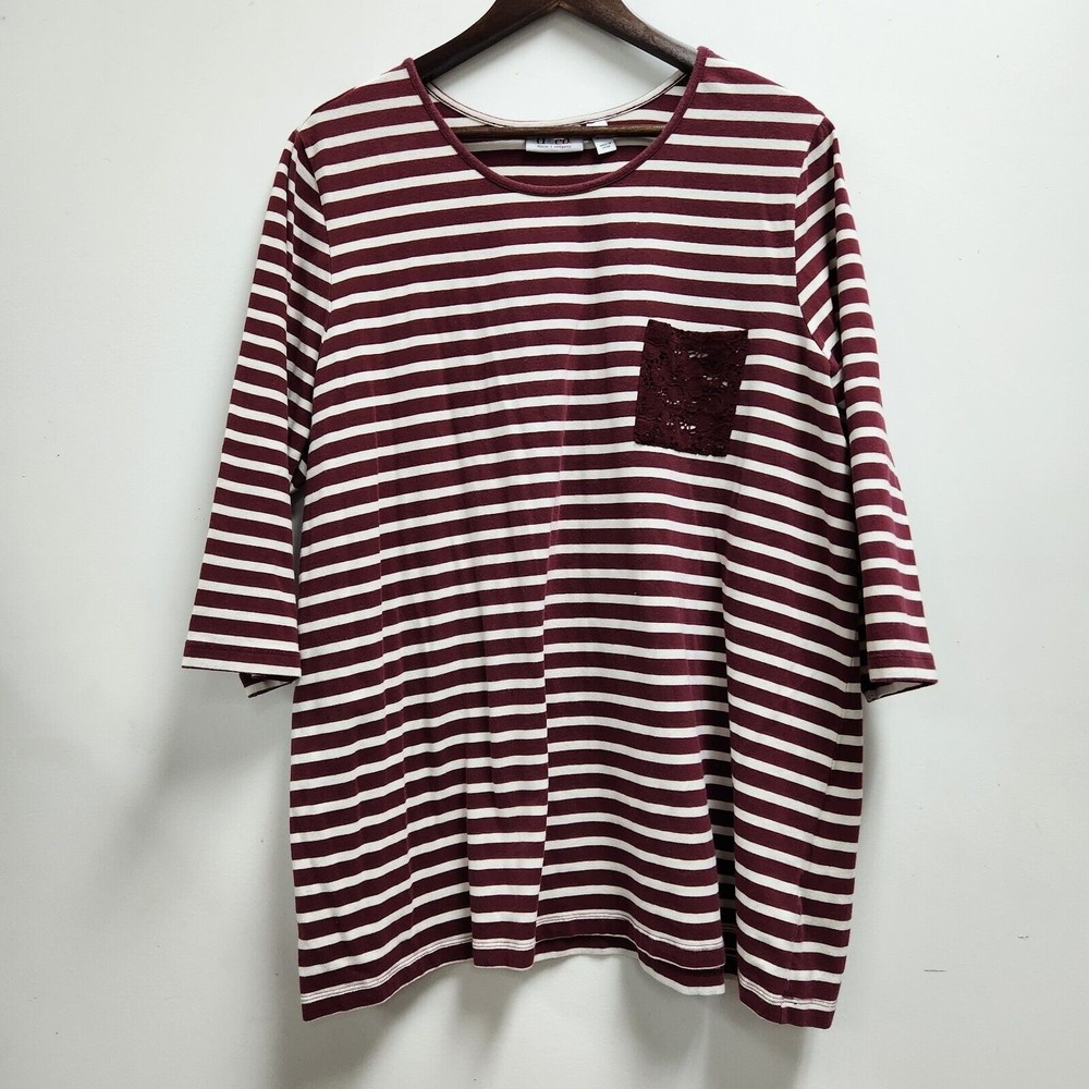 Denim & Company Womens Plus 3/4 Sleeve Tunic Top Size 3X Burgundy Striped Pocket